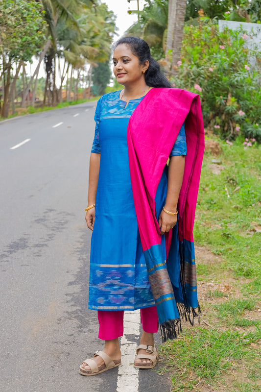 Poochampally Royal Blue Straight Cut Kurti with Pink Dupatta Set for Women