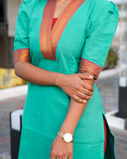 WOMEN’S ELEGANT RAMA GREEN KURTI SET WITH DUPATTA