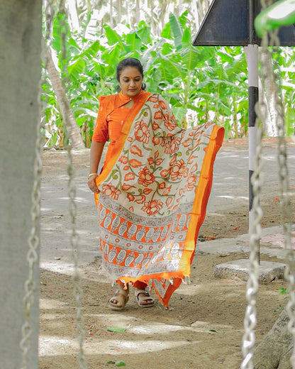 Women's Orange Raw Silk Straight Kurta Set with Nizam Border