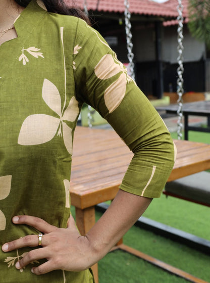 WOMEN’S ELEGANT OLIVE GREEN FLORAL PRINT COTTON CO-ORDS SET