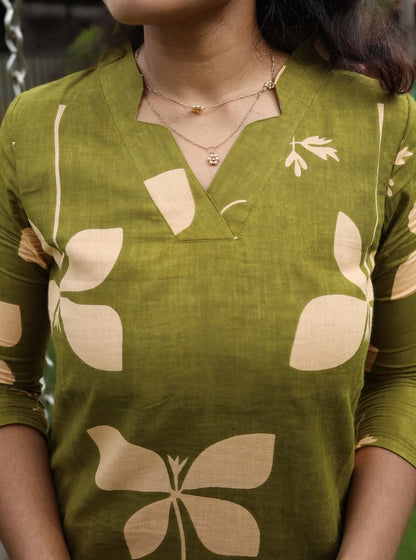 WOMEN’S ELEGANT OLIVE GREEN FLORAL PRINT COTTON CO-ORDS SET
