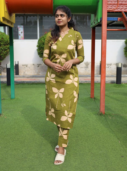 WOMEN’S ELEGANT OLIVE GREEN FLORAL PRINT COTTON CO-ORDS SET