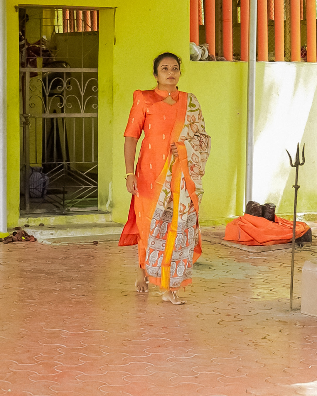 Women's Orange Raw Silk Straight Kurta Set with Nizam Border