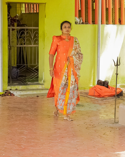 Women's Orange Raw Silk Straight Kurta Set with Nizam Border