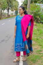 Poochampally Royal Blue Straight Cut Kurti with Pink Dupatta Set for Women