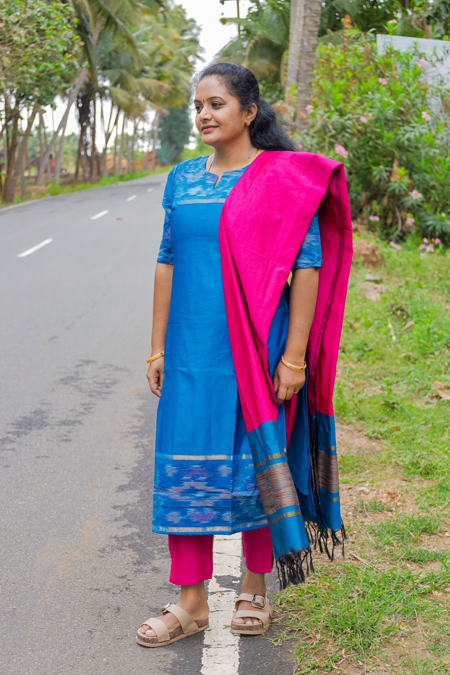 Poochampally Royal Blue Straight Cut Kurti with Pink Dupatta Set for Women