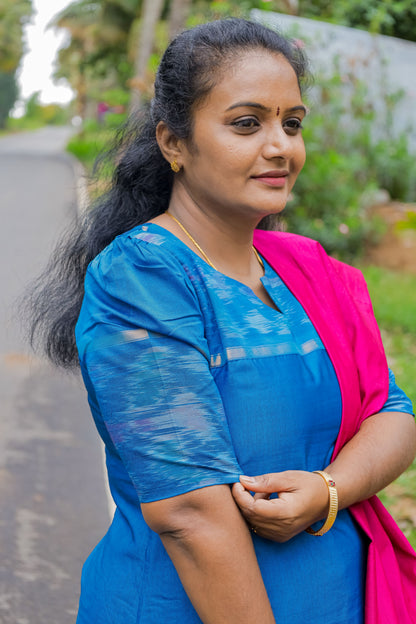 Poochampally Royal Blue Straight Cut Kurti with Pink Dupatta Set for Women