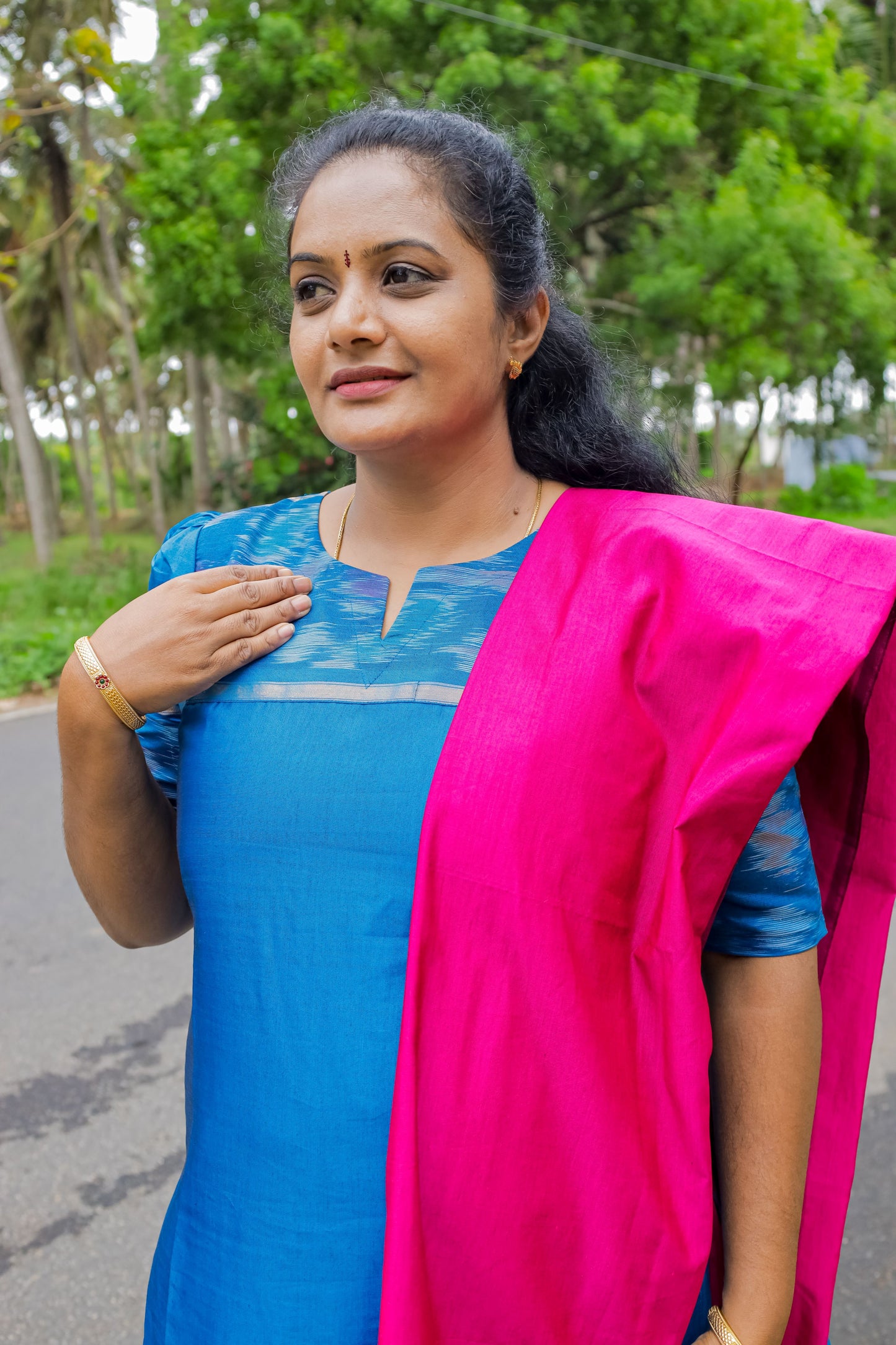 Poochampally Royal Blue Straight Cut Kurti with Pink Dupatta Set for Women