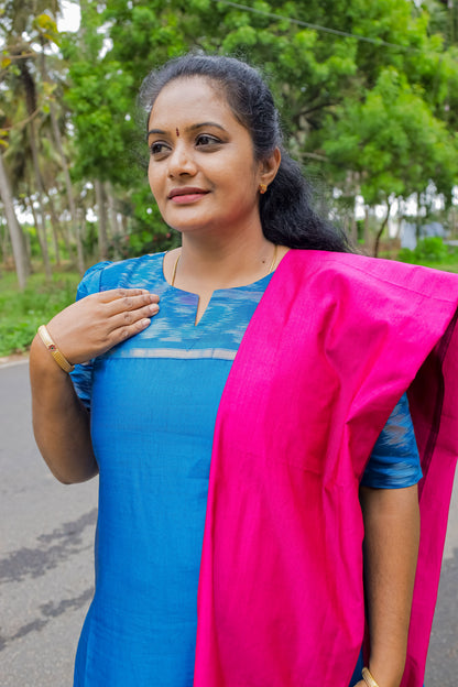 Poochampally Royal Blue Straight Cut Kurti with Pink Dupatta Set for Women