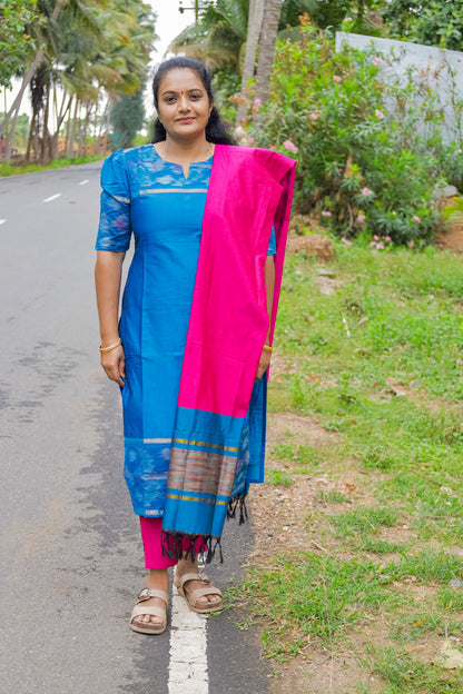 Poochampally Royal Blue Straight Cut Kurti with Pink Dupatta Set for Women