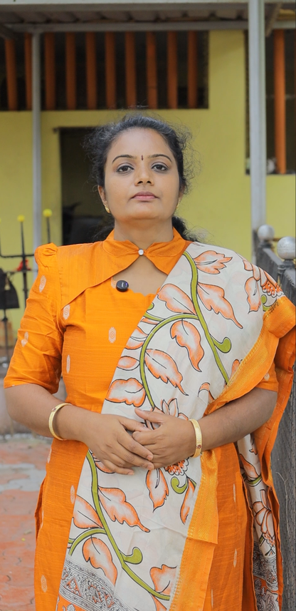Women's Orange Raw Silk Straight Kurta Set with Nizam Border