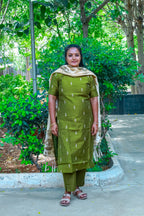 ELEGANT OLIVE GREEN RAW SILK 3PCS SET WITH ASHA SILK DUPATTA