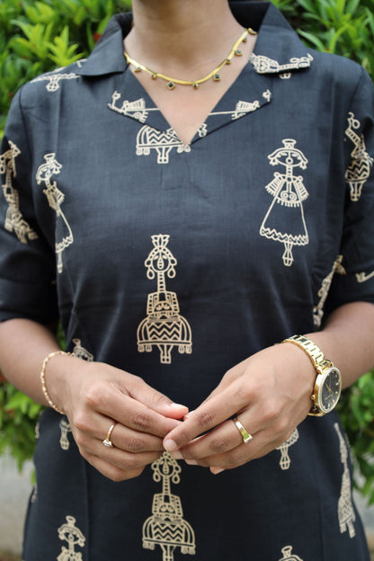 TRADITIONAL BLACK PRINTED CO-ORDS SET WITH ETHNIC MOTIFS