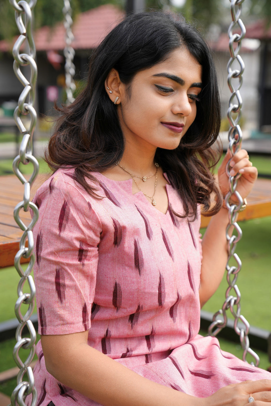 WOMEN'S ELEGANT IKAT COTTON PINK KURTI SET WITH A COFFEE BROWN DUPATTA