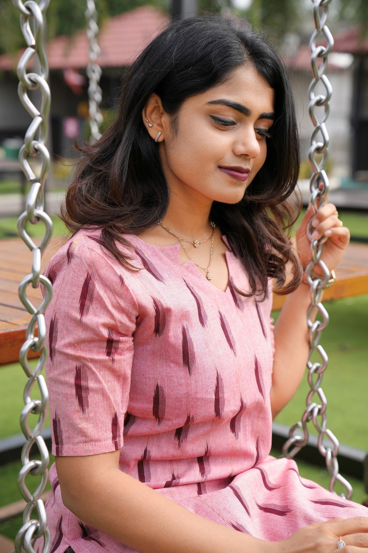 WOMEN'S ELEGANT IKAT COTTON PINK KURTI SET WITH A COFFEE BROWN DUPATTA
