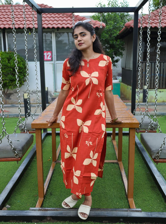WOMEN’S ELEGANT RUST ORANGE FLORAL COTTON CO-ORD SET