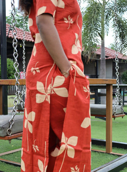 WOMEN’S ELEGANT RUST ORANGE FLORAL COTTON CO-ORD SET