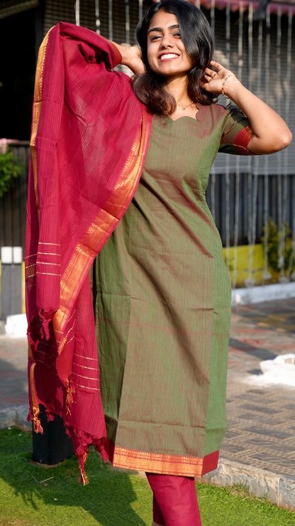 WOMEN'S ELEGANT OLIVE GREEN KURTI SET WITH A RED DUPATTA