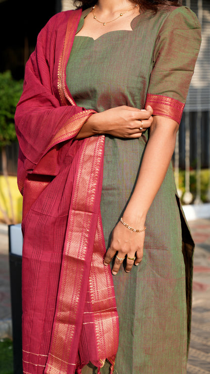 WOMEN'S ELEGANT OLIVE GREEN KURTI SET WITH A RED DUPATTA