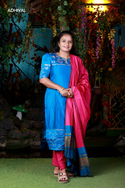 Poochampally Royal Blue Straight Cut Kurti with Pink Dupatta Set for Women