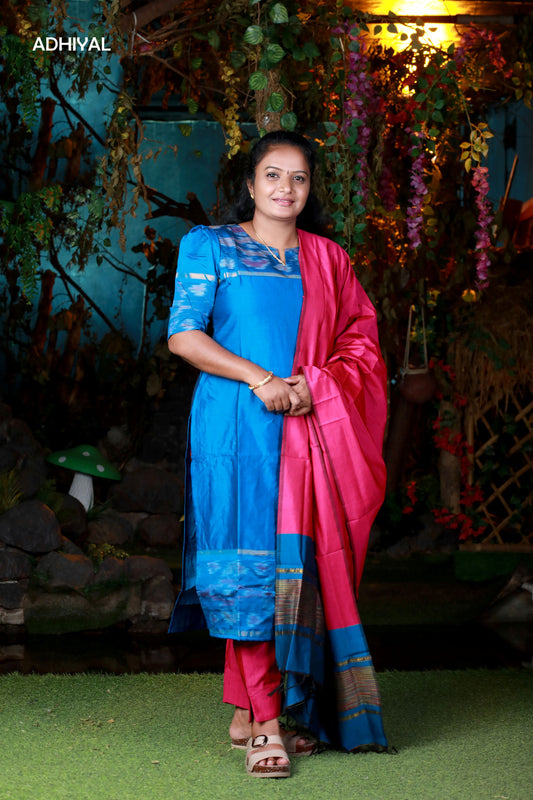 Poochampally Royal Blue Straight Cut Kurti with Pink Dupatta Set for Women