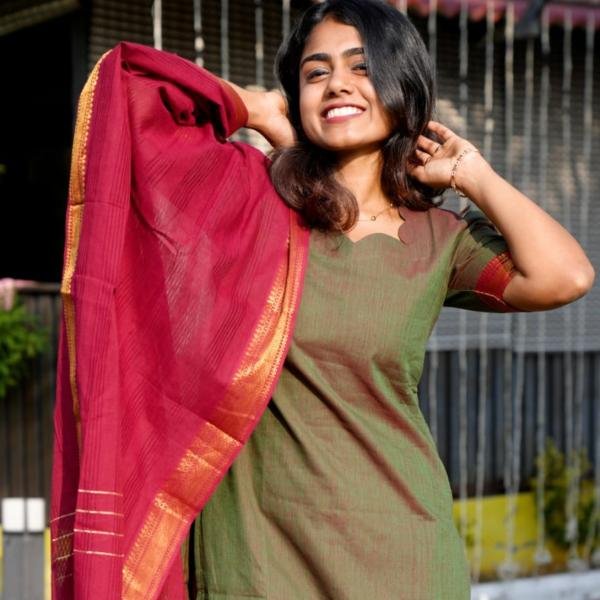 WOMEN’S ELEGANT OLIVE GREEN KURTI SET WITH DUPATTA